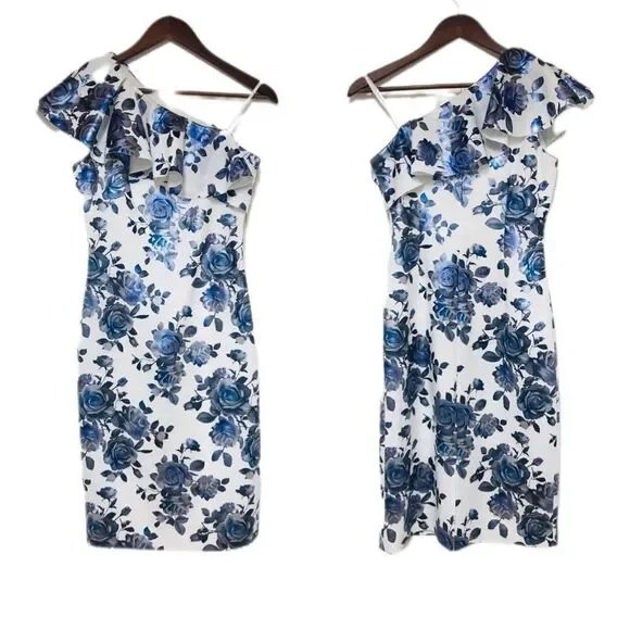 ELIZA J One Shoulder Sheath Dress Size 6 Blue Floral Print Metallic Ruffle New - Picture 2 of 13